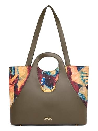 ZOUK Women's Ivana Office Bag for Women | Olive Green Vegan Leather Tote Bag | Fits 15.6-Inch Laptop | Dual Handle + Twin Gadget Compartments | Gemstone Print