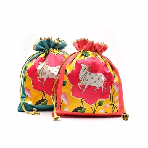 India Gift Hub | Assorted Lotus Cow Decorative | Printed Silk Potli |Traditional Elegance Cow Print | Pichwai Potli Batwa | Bag with Modern Handle (Pack of 20)