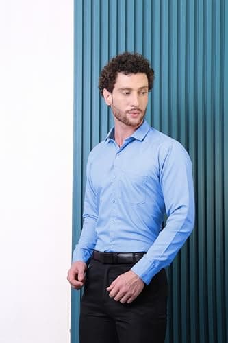 CONTRARY Men's Formal Shirt Sky Blue Solid Cotton Regular Fit Full Sleeve with Spread Collar & Pocket for Office Wear Business Casual Attire for Gents- M 3