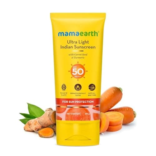 Mamaearth Ultra Light Indian Sunscreen with Carrot Seed & Turmeric | SPF 50 PA ++++ | UVA & UVB Protection | Tan Protection | No White Cast | Non-Greasy & Quick Absorbing | Super Lightweight | Suits A