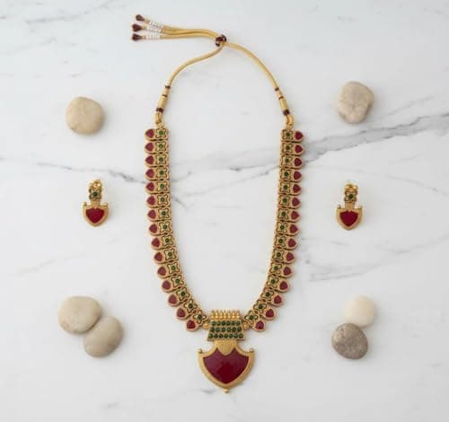 TEMU INDIA Traditional Temple Jewellery Necklace Set with Ruby & Green Stone Detailing – Ethnic Gold Plated Bridal Necklace Set for Women | Wedding & Festive 3