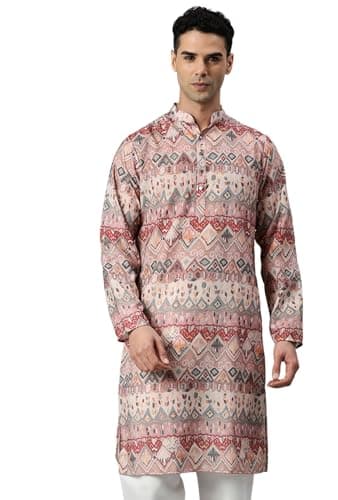 Majestic Man Cotton Blend Ethnic Motifs Abstract Printed Kurta for Men (Mauve, Small)