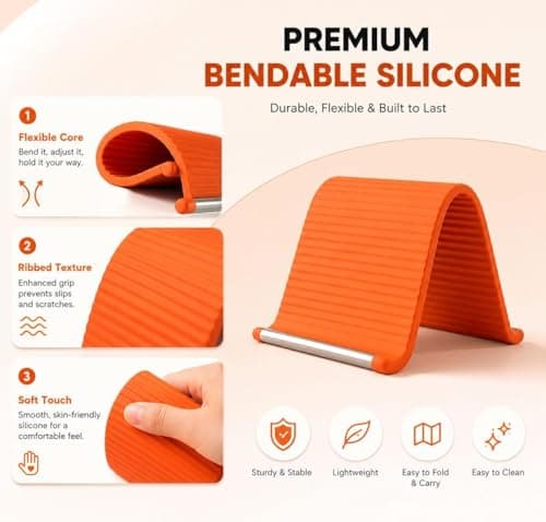 LARYNX Flexible Silicone Phone Stand, Foldable Rollable Holder, Multi-Angle Adjustable, Orange, 10x20cm, for Phone, Tablet, Laptop 2