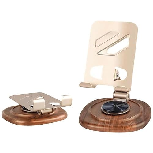MAXXOX Wooden 300 Foldable Mobile Stand - 360° Rotating Phone Holder for Table - Height Adjustable Phone Stand for Desk with 0-135° Tilt - Anti-Skid Mobile Stand for Office & Home (Wooden Finish)