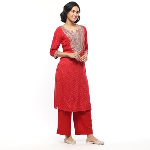 BIBA Women's Cherry Red Rayon Straight Suit Set_40 2