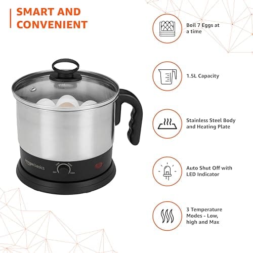 amazon basics Electric Multipurpose Kettle | for boiling Water, Eggs | Making Tea, Coffee| Stainless Steel Body with Automatic Shut-off | 18.3L x 15.7W x 19.1H cm | 1.2 L | 220 Volts | Silver, Black 3