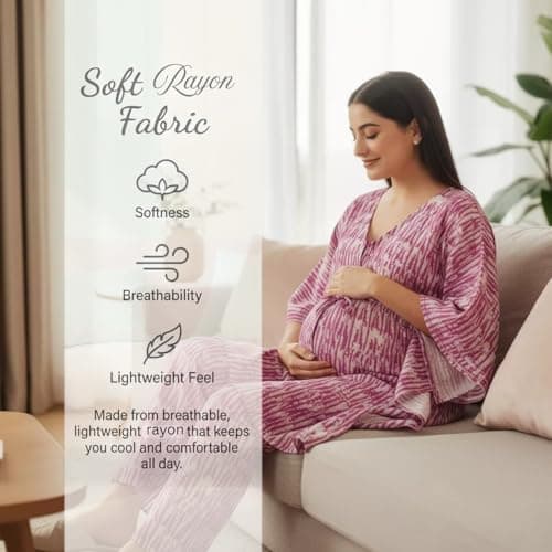Aaheli Women’s Rayon Printed Maternity Co-ord Set | V-Neck Kaftan Top with Adjustable Waist & Easy Nursing Access | Soft Pregnancy Wear with Elastic Pants | Magenta, XXL 3