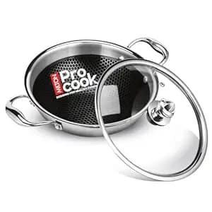 MILTON Pro cook Induction Cookware & Gas Stove Friendly Triply Stainless Steel Hexa Tech Honeycomb Kadhai with Glass Lid 30cm | GREBLON C3+ Non-Stick Coating | Metal Spoon Friendly | 3Y Warranty