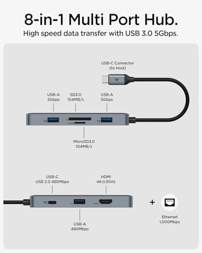 Spigen ArcDock 8-in-1 Type-C Hub with Multi Port (100W PD 3.0 4K 30Hz HDMI, 5Gbps USB-C, 2 x USB-A, Ethernet, microSD/SD Card Reader for MacBook Neo/Air/Pro and Laptops) - Dark Silver 3
