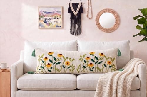 Furnistitchs Embroidered Tufted Lumbar Cushion Cover 14x36 inches Boho Pillow Case | Rectangular Throw Pillow Cover for Sofa Bed Couch Living Room Home Decor (1, Natural Floral Cuts, 14x36 inches)