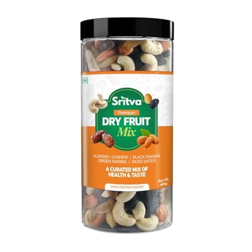 Sritva Premium Dry Fruit Mix | Almonds Cashews Black Raisins Green Raisins Diced Dates | Healthy Energy Snack Rich in Fiber & Nutrients 405g