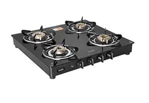 Glen 4 Burner Toughened Glass Top LPG Gas Stove 55 cm | Auto Ignition | Brass Burners | 360 Revolving Inlet Nozzle | Black | ISI Certified | 2 Years Warranty | 1043GTBBBLAI