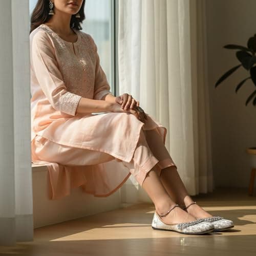 DFR Women Comfortable Cushioned Traditional Ethnic Rajasthani Embroidered with Payal Punjabi Style Mojari Jutti Fancy Bellies Shoe Woman Cream1, UK Size 8 5