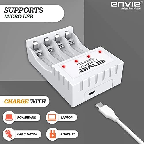 ENVIE® (ECR 20MC+2800+1100) Standard Charger ECR 20 MC for AA & AAA Ni-mh/Ni-Cd Rechargeable Batteries | LED Indicator | 600MA Output Current | with 2xAA2800 & 2xAAA1100 Rechargeable Batteries 2