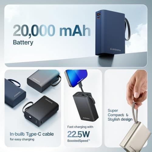 Ambrane 20000mAh Pocket Size Power Bank with Inbuilt Type-C Cable, 22.5W Fast Charging, Type-C PD & USB Output, Portable Mini Powerbank for iPhone, Android & Other Devices (MiniCharge 20, Black-Blue) 2
