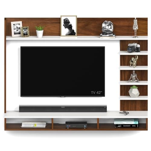 BLUEWUD Primax Grande Standard Engineering Wood Wall Mount TV Entertainment Unit Set Top Box Stand/TV Cabinet Panel with Shelves for Books & Décor Display Unit, Ideal for 42" (Brown Maple & White) 5