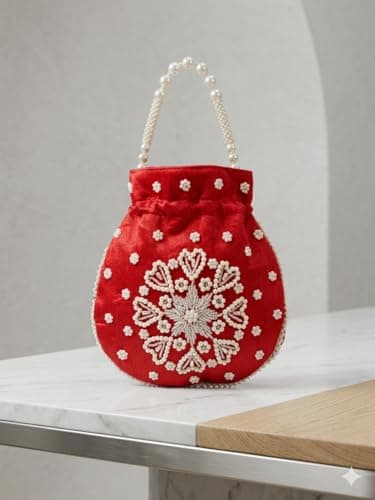 Desi India Potli Bag, Pearl Embellished Floral Drawstring Pouch, Ethnic Style, Round, Women 4
