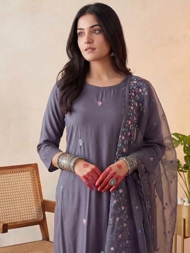 INDO ERA Women's Off White Pure Cotton Floral Printed Straight Fusion Kurta & Pant Set 5