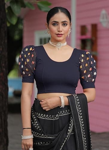 Amazon Brand - Anarva Round Neck Lycra Stretchable Puffed Elbow Sleeve Readymade Saree Blouse for Women Stylish (roli-Oxford-Blue-Blouse-m) 3