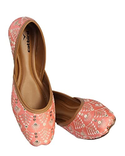 CatBird Women's Pastel Red Sequin Emboidery Punjabi Juttis 8 UK 3