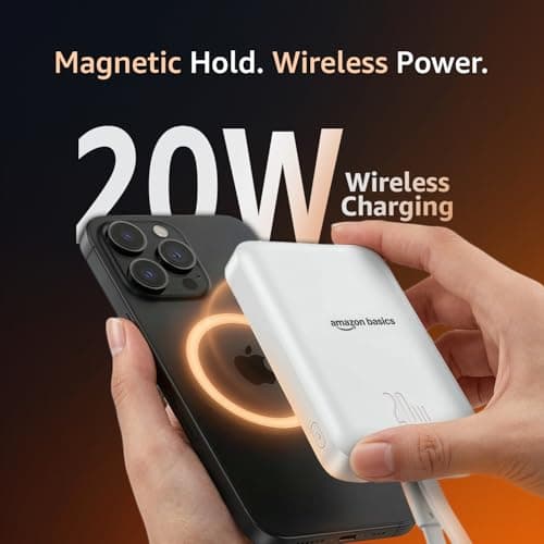 Amazon Basics 10000mAh Magnetic Wireless Power Bank | 15W Wireless Charging & 22.5W PD Output | Built-in Lightning Cable | LED Battery Indicator | White 4