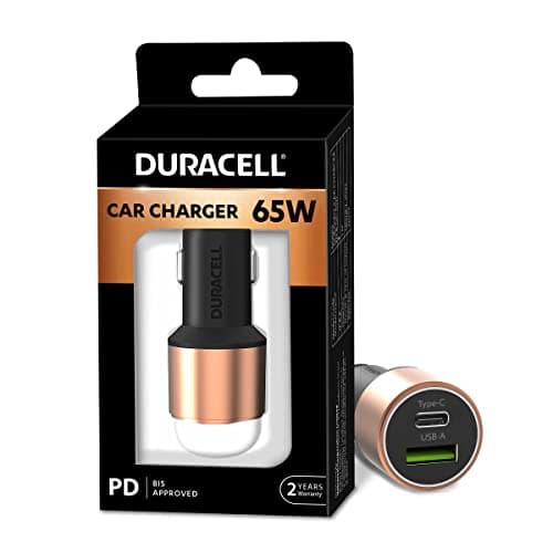 Duracell 65W Fast Car Charger Adapter with Dual Output. Quick Charge, Type C PD 45W & Qualcomm Certified 3.0 20W, Compatible for iPhone, All Smartphones, Tablets & More (Copper & Black) 2