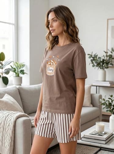HELLCAT Women Co-ords Loungewear & Sleepwear Set | Relaxed Fit Round Neck Graphic Print Top with Striped Shorts | Breathable Cotton Blend Nightwear, Night Dress, Lounge Wear, Summer Homewear Brown 3