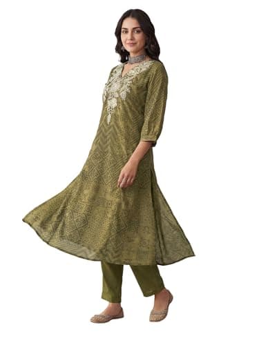 INDO ERA Women's Mustard Cotton Blend Floral Printed Straight Fusion Kurta & Pant with Dupatta Set