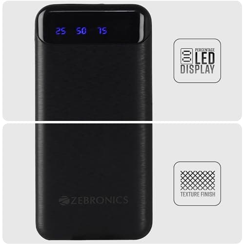 ZEBRONICS MB10000S4 Power Bank, 10000 mAh, 12W, Dual USB Output, Type C & Micro USB Input, Built in Protections, Percentage LED Display, Included USB to Type C Cable, Made in India(Black) 6