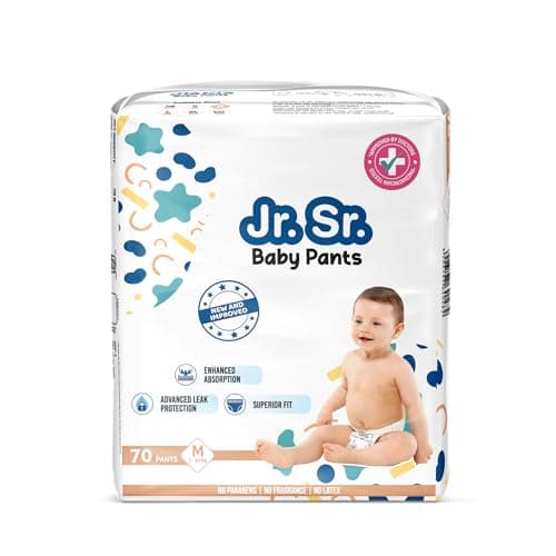 Jr. Sr. Baby Diaper Pants | Medium (M) Size (7-12 kg), 70 Count | Pack of 1 | Upto 12 hr Absorption with Advanced Leak Protection | Safe For Babies Skin | Soft, Secure & Comfy