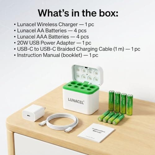 LUNACEL® AA AAA Rechargeable Batteries 1.2V Ni‑MH — AA 2500mAh & AAA 800mAh (8-Pack) with Wireless Fast Charger Kit | 120‑Min Rapid Charge | 1000+ Cycles, Long Life | OEM 1‑Year Warranty 2