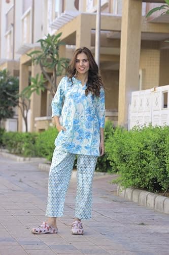 INDICHICK Women’s Night Suit Set,Lounge Wear,Printed Top & Pyjama Set for Women,Casual Sleepwear for Women, (Nev Blue, M) 2