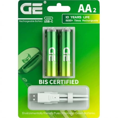GE® AA Rechargeable Batteries (Lithium 1.5V - 2500 mWh) - New Launch in 2025 | Fast Charge (Direct USB‑C + Wireless) | Pack of 2 Batteries | 10 Years of Life and 1,500+ recharges, 3 Year Warranty