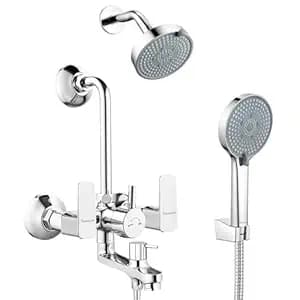 Cube Series, Brass Wall Mixer For Bathroom | MultiFlow Overhead Shower Set | Mist Hand Shower Set with 1.5 Meter Hand Shower Pipe | Wall Mixer | Shower Set (Chrome)