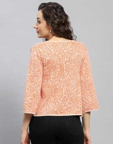 Monte Carlo Womens Orange Printed V Neck 3/4th Sleeve Front Open Shrug (224065320FO-1-42) 4
