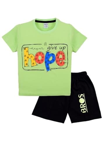 3BROS Boys & Girls Cotton Printed Round Neck Half Sleeve T-shirt & Short Latest Summer Clothing Sets | Light Green, 3-4 Years