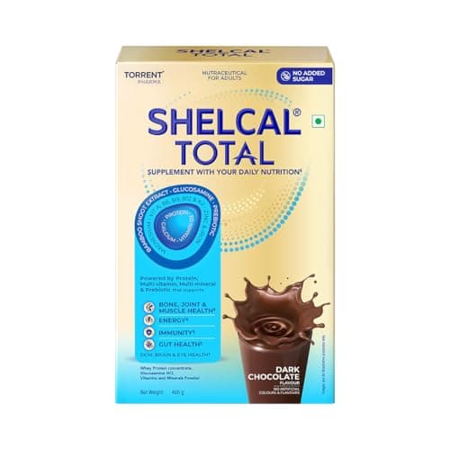 Shelcal Total - Powered by Protein, Multi-Vitamin, Multi-Mineral & Prebiotic supports Bone, Joint & Muscle, Immunity, Gut Health, No Added Sugar (Dark Chocolate) 400g - By Torrent Pharma, Powder