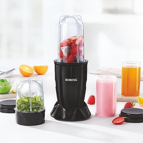 Borosil 400W Nutrifresh Black Blender | 2 Jars (500ml Direct Drink/Smoothie Jar + 300ml Chutney Jar) | Made in India Blender | Stainless Steel Blade, Compact Design | 2 Year Warranty 2