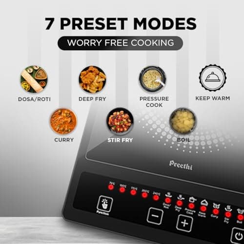 Preethi Indicook IC123 | 1600-Watt Induction Cooktop | Fast Gas-Free Cooking | No LPG Required | 3 Year Coil Warranty | Voltage surge protetion Preset Indian Menus | Black 3