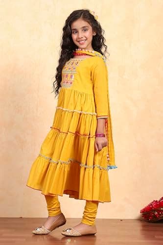 Biba Girl's Yellow Cotton Tiered Solid Suit Set 3