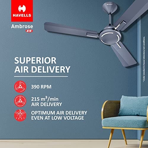 Havells 1200mm Ambrose Energy Saving High Speed Ceiling Fan|Premium Finish, Deco.Fan, Elegant Looks, High Air Delivery, 100% Pure Copper Motor|2 Yr Warranty by Brand | (Pack of 1, Nickel Saphire) 3