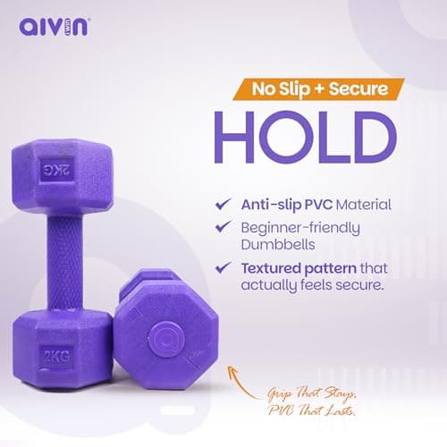 AIVIN Coregrip 1.0 PVC Dumbbells I Set of 2 (2kg Each) I Hexagonal No-Roll Design with Easy-Grip Coating I Professional Home Gym Equipment for Strength Training, Pilates & Aerobics (Purple) 3