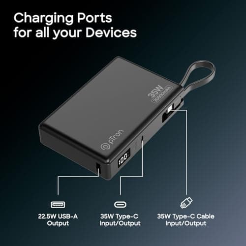 pTron Dynamo Sprint 20000mAh Power Bank w/Built-in Charging Cable, 35W Super Fast Charging, USB Type-C Input Powerbank Compatible with QC3.0/PD3.0, 3 Charging Outputs, Type-C Input/Output Port(Black) 4