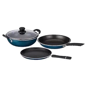 Amazon Brand - Solimo Aluminium – 3 Pcs Non Stick Cookware Sets, Tawa 25 Cm, Kadhai 24 Cm with Glass Lid, Fry Pan 24 Cm (Peacock Green)|Induction and Gas Stove Compatible