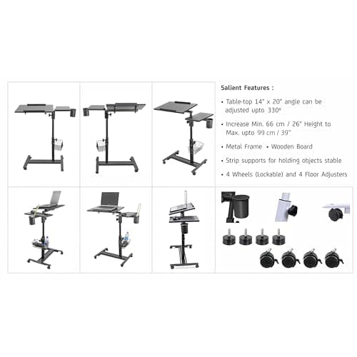 Isomars Standing Table Multipurpose Laptop Table Study Desk, Lockable Wheels, & Height Adjustable for Breakfast Table, WFH & Online Classes, Sit Stand Table Made in India (Black) 4