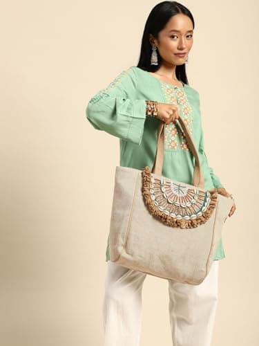 PRIMROSE Boho Beach Tote Bag, Canvas with Shell Embellishments, Fringe Detail, Natural Beige 2