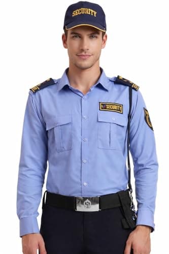 Professional Security Guard Uniform Shirt, Light Blue Long Sleeve with Security Patches and Epaulettes, Full Sleeve Formal Shirt for Men (in, Alpha, M, Regular)