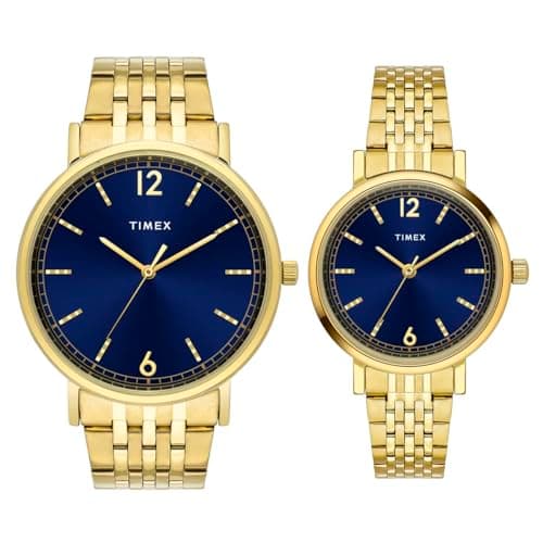 TIMEX Analog Watch for Couple with Blue Round Dial & Gold Stainless Steel Bracelet Band Water Resistant Pair's Wrist Watches - TW00PR337