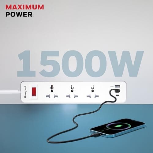 Honeywell 3 Outlet Extension Board with Master Switch, 6 Amps, 250V, 1xType C & 2xUSB, 3 International Sockets, Pure Copper, 6 Advanced Safety Features, 2 Mtr Power Cord, BIS Certified, 1 yr Warranty 3