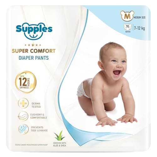 Amazon Brand – Supples Super Comfort Baby Diaper Pants | Medium (7–12 kg), 70 Count | Dermatologically tested, Ultra-Thin, Soft & Breathable | Wetness Indicator, Anti-Leak, All-Night Absorbency